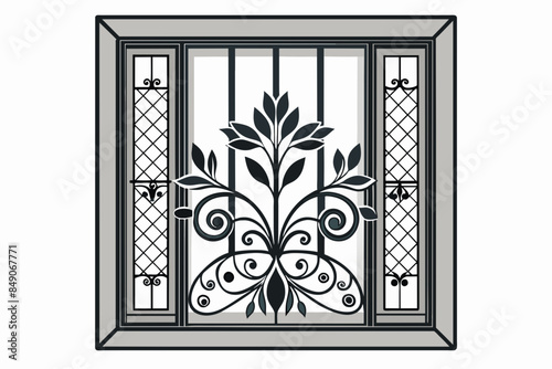 Steel Window with Floral Design,architecture, entrance, glass, wall, interior, wooden, doorway, illustration, room, design, open, front, vector, building, doors, old, closed, 