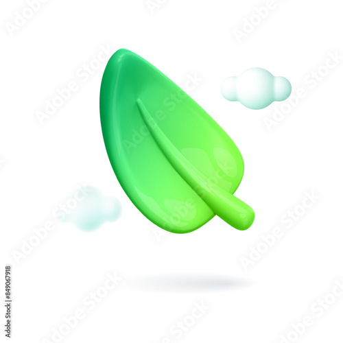 3d green energy template. Concept environmental ecology, renewable, sustainable energy sources. World Earth Day card. Green leaf and clouds on blue background