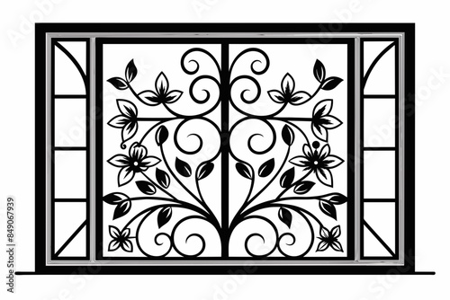 Steel Window with Floral Design,architecture, entrance, glass, wall, interior, wooden, doorway, illustration, room, design, open, front, vector, building, doors, old, closed, 