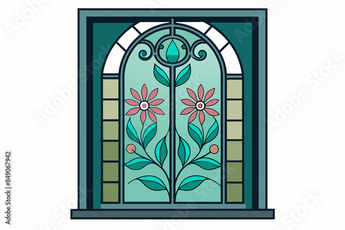 Steel Window with Floral Design,architecture, entrance, glass, wall, interior, wooden, doorway, illustration, room, design, open, front, vector, building, doors, old, closed, 