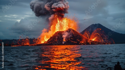 A volcano erupts in the ocean, sending a plume of smoke and ash into the air photo