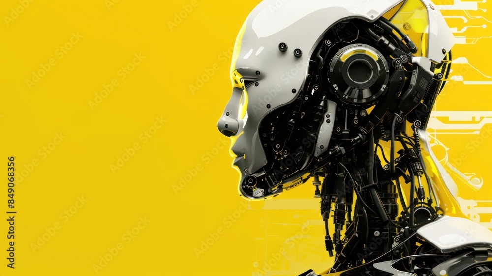 Close-up of robot's face on yellow background Close-up of robot's face on yellow background