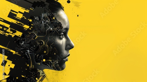 Abstract tech elements with blurred center on yellow