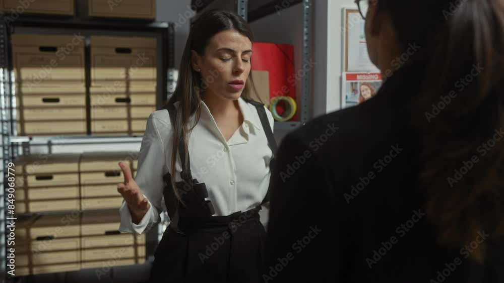 Two women in a police department discussing a case, with file shelves and a missing person board in the background. Two women in a police department discussing a case, with file shelves and a missing person board in the background.