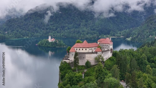 Aerial drone view over Bled Castle at Lake Bled in Slovenia at summer.