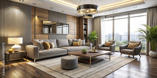 Modern Living Room with Large Windows and Wood Accents