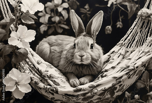 black and white rabbit illustration, vintage