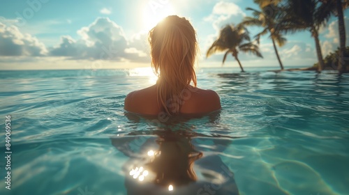 A girl swims in the pool from the back and looks at the sea horizon
