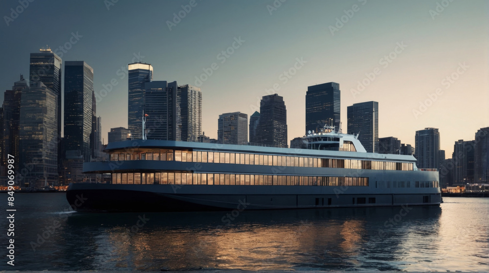 Rendering of a ferry approaching a dock in a port with numerous urban buildings in the background Rendering of a ferry approaching a dock in a port with numerous urban buildings in the background