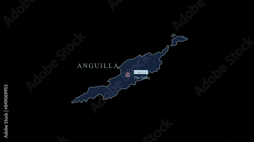 Stylized Anguilla island map with capital city and geographic coordinates on black background. Motion graphic vfx digital animation photo