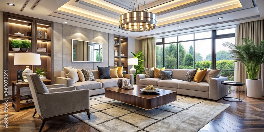 Modern Living Room with Large Windows and Wood Accents Modern Living Room with Large Windows and Wood Accents