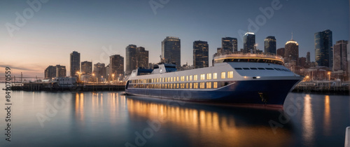 Rendering of a ferry approaching a dock in a port with numerous urban buildings in the background