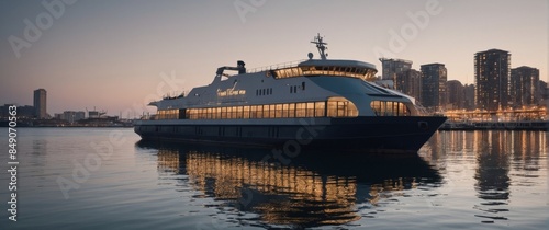 Rendering of a ferry approaching a dock in a port with numerous urban buildings in the background