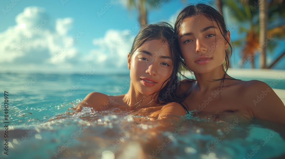 Two Asian girlfriends swim in the pool with cocktails near palm trees and sky Two Asian girlfriends swim in the pool with cocktails near palm trees and sky