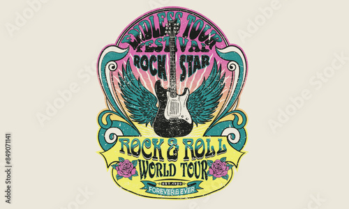 Music guitar with rose flower. Eagle bird wing vintage artwork for apparel, stickers, posters, background and others. Eagle music poster design. Fearless rock tour artwork. Make some noise.	