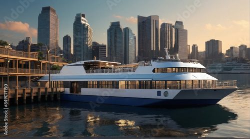 Rendering of a ferry approaching a dock in a port with numerous urban buildings in the background