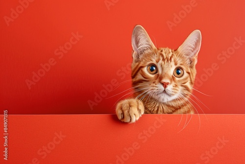 Cute ginger kitten is peeking out of a red banner with a curious expression