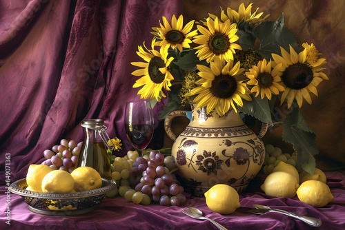 A still life of sunflowers, grapes, and lemons on an ornate table with a purple cloth. A glass of wine is placed in the center. The background color should be a dark purple