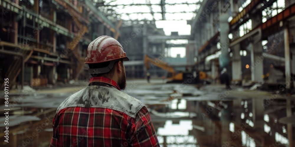 Industrial worker in a hard hat, observing machinery in a manufacturing factory, highlighting industrial work environments.