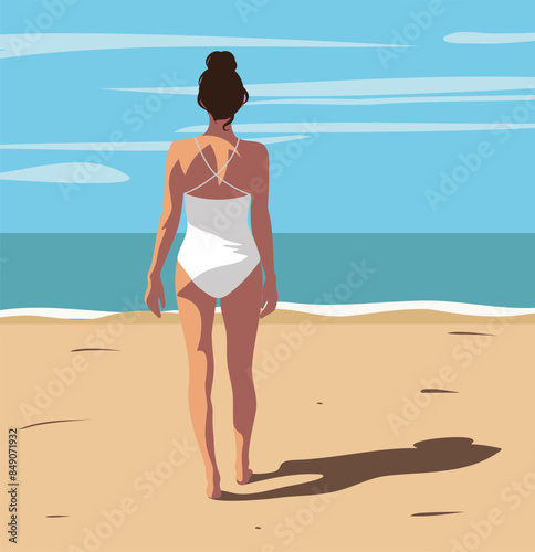 Vector summer flat design tanned woman in a white swimsuit goes swimming in the ocean or sea, view from the back. Relaxing on the beach, walking along the beach, on vacation, tourism