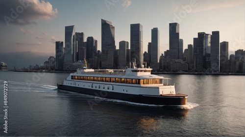 Rendering of a ferry approaching a dock in a port with numerous urban buildings in the background