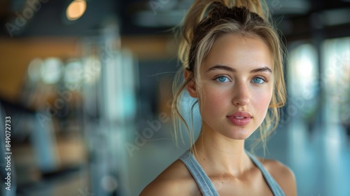 portrait of a beautiful Caucasian young woman in sportswear looking at the camera while doing sports in the gym. copyspace