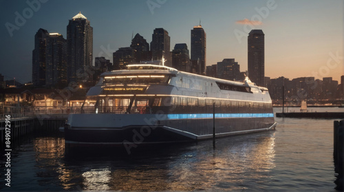 Rendering of a ferry approaching a dock in a port with numerous urban buildings in the background