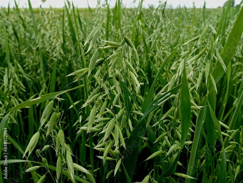 Green stalks of oats mature in a spacious field. A lot of grain in the field. Texture of grain crops and animal feed. Green ears of oats.