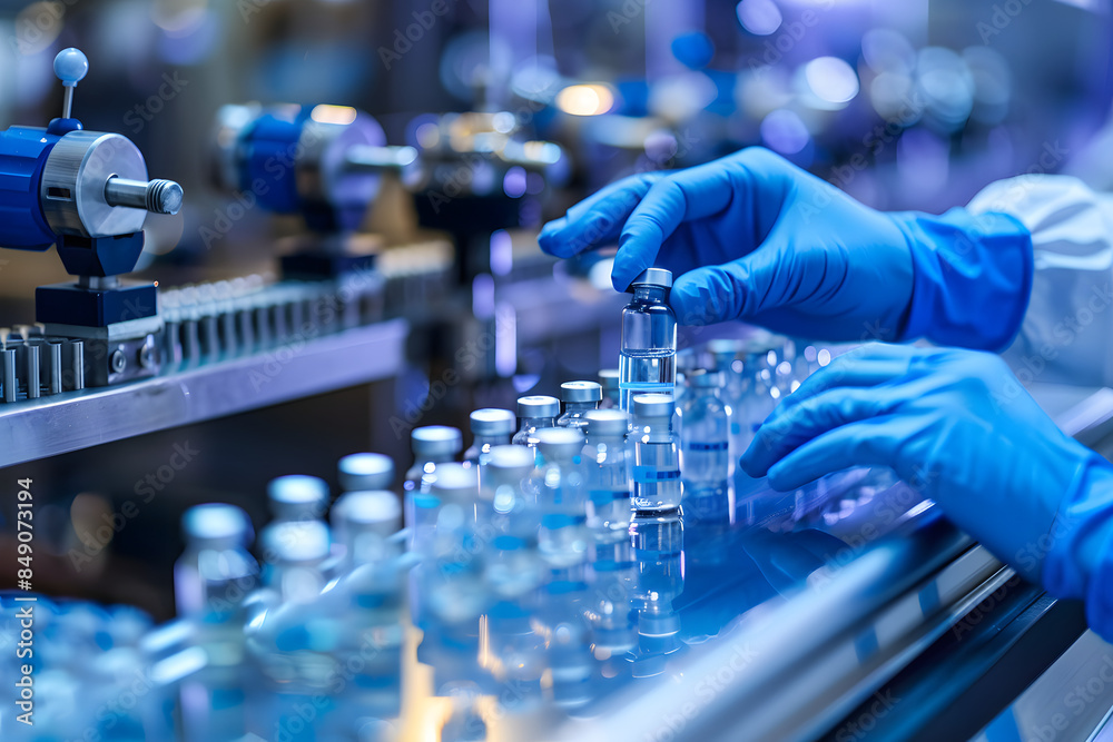 Medicine, vaccine concept, a hand wearing medical gloves is operating drugs on the assembly line Medicine, vaccine concept, a hand wearing medical gloves is operating drugs on the assembly line