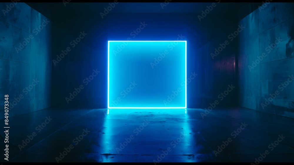 A blue square with neon lights in the middle of a dark room. The room is empty and the blue square is the only thing in it A blue square with neon lights in the middle of a dark room. The room is empty and the blue square is the only thing in it
