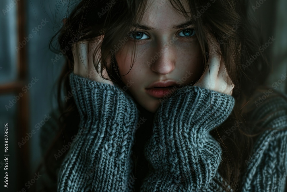 A young woman dressed in a cozy knitted wool sweater looks pensive and introspective. The dimly lit background adds to the mood of solitude and contemplation. A young woman dressed in a cozy knitted wool sweater looks pensive and introspective. The dimly lit background adds to the mood of solitude and contemplation.