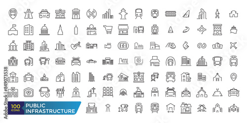 Public infrastructure icon set. Collection and pack of linear web and ui icons. Editable stroke. Vector illustration