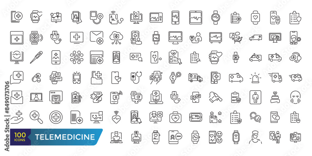telemedicine icon set. Medical video consultation. Remote health diagnosis. Collection and pack of linear web and ui icons. Editable stroke. Vector illustration telemedicine icon set. Medical video consultation. Remote health diagnosis. Collection and pack of linear web and ui icons. Editable stroke. Vector illustration