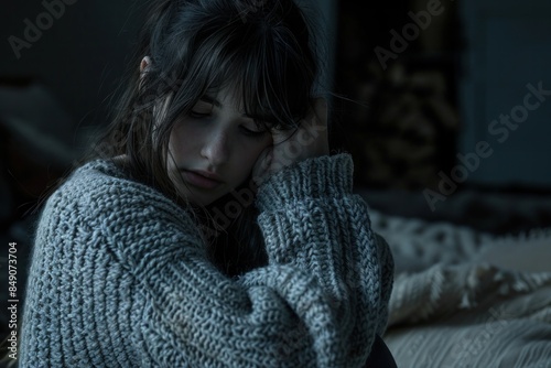 A young woman dressed in a cozy knitted wool sweater looks pensive and introspective. The dimly lit background adds to the mood of solitude and contemplation. 