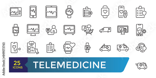 telemedicine icon set. Medical video consultation. Remote health diagnosis. Collection and pack of linear web and ui icons. Editable stroke. Vector illustration
