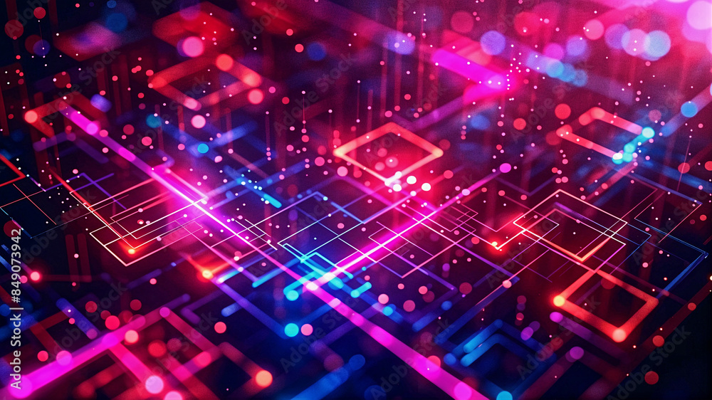 Abstract neon mesh background with glowing lines and geometric patterns on a dark background. Generative AI