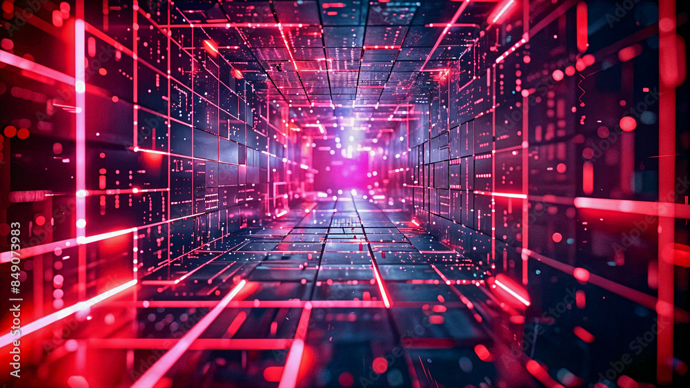Abstract neon mesh background with glowing lines and geometric patterns on a dark background. Generative AI Abstract neon mesh background with glowing lines and geometric patterns on a dark background. Generative AI