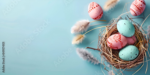 Closeup of speckled Easter eggs in nest with pastel colors for spring celebrations