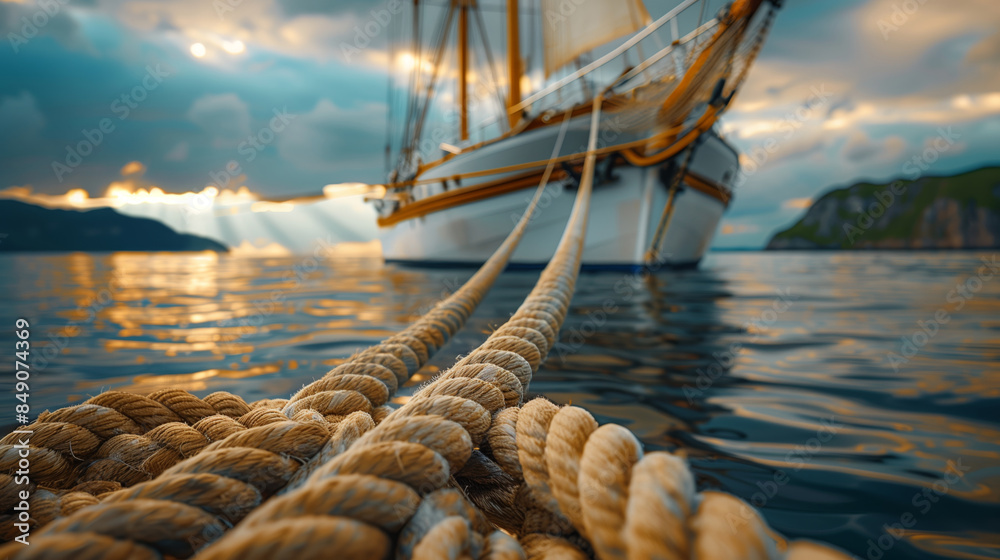 Obraz premium Sailing Ship Anchored at Sea with Dramatic Sky and Sun Rays Breaking Through Clouds, Close-Up of Nautical Ropes Leading to the Vessel, Serene Ocean Scene with Mountainous Background