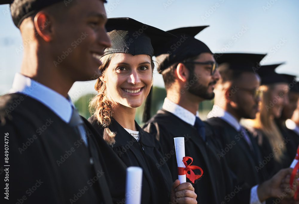 Obraz premium Certificate, graduation and portrait of student woman outdoor with friends for university ceremony or event. Celebration, diversity and education with group of happy graduate people on campus