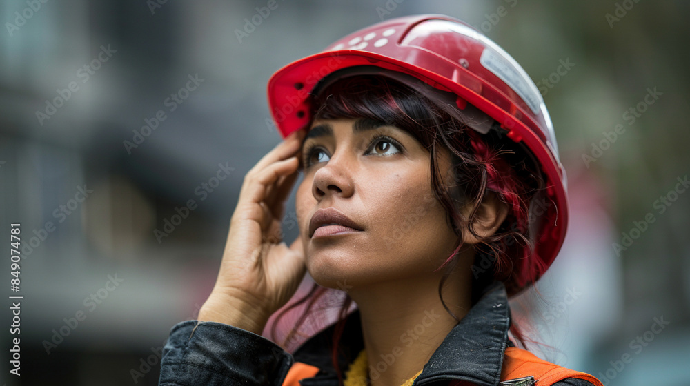 A woman wearing a red hard hat is looking up A woman wearing a red hard hat is looking up