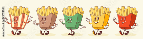 Groovy French Fries Retro Characters Set. Cartoon Fast Food Fry Box Package Walking and Smiling. Vector Fastfood Mascot Templates Collection. Happy Vintage Cool Personage Illustrations Isolated