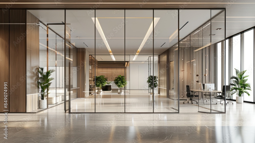 A beautiful modern spacious office hall with panoramic windows and a perspective in pleasant natural beige and brown tones. A beautiful modern spacious office hall with panoramic windows and a perspective in pleasant natural beige and brown tones.