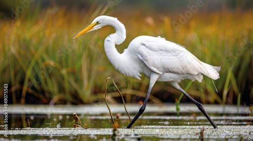 A magnificent white heron strolling in the wetlands in search of food on Hilton Head Island South Carolina