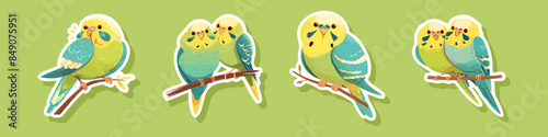 Vector green yellow budgerigar isolated on white background Parakeet on a branch, Bright Green Budgerigar, Parrot, Green Pet Parakeet, vector illustration