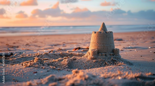 Amazing sandcastle on the beach at sunset. The warm colors of the sky and the soft sand make this a beautiful and peaceful scene. photo