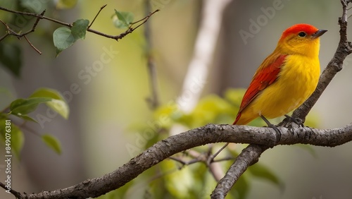 Vibrant Red-Yellow Bird Perched on Textured Branch with Bokeh Background © Naksh