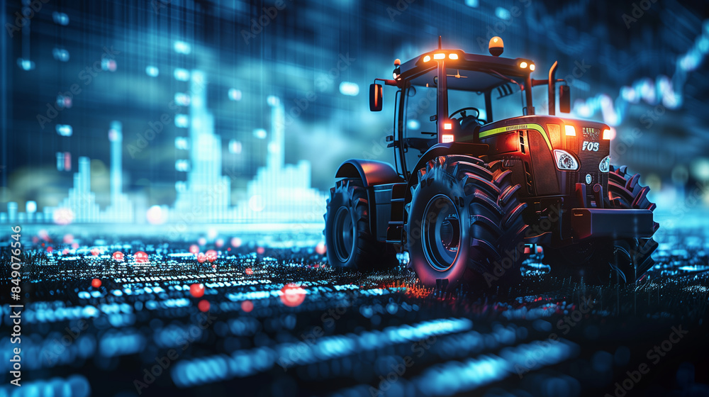 Agricultural tractor with stock exchange charts in the background, concept of finance and farming Agricultural tractor with stock exchange charts in the background, concept of finance and farming