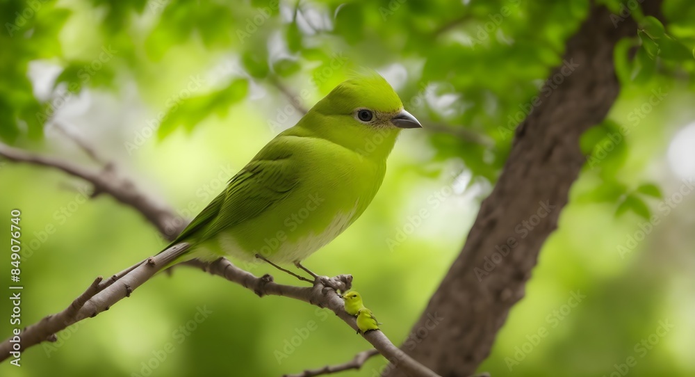 Green Bird Perched on Textured Branch with Bokeh Background Green Bird Perched on Textured Branch with Bokeh Background