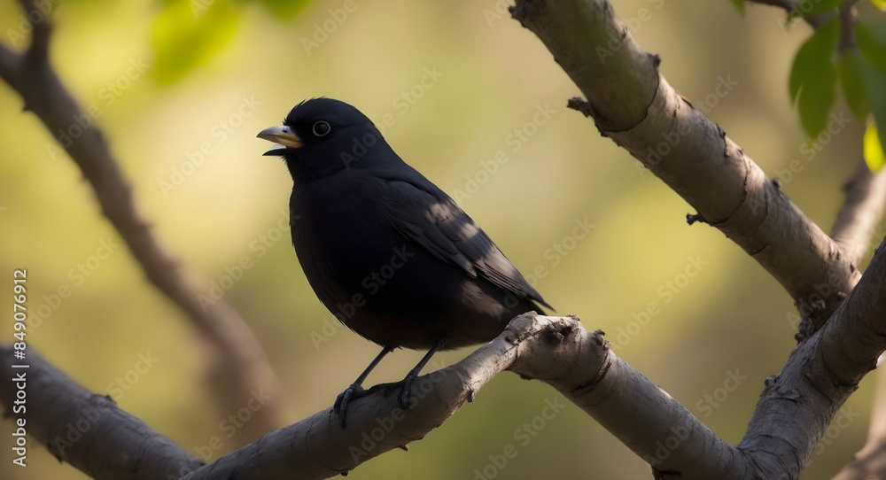 Black Bird Perched on Textured Branch with Bokeh Background Black Bird Perched on Textured Branch with Bokeh Background